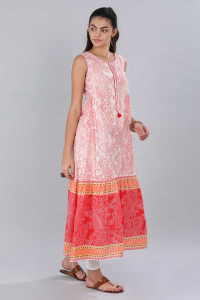 Red & White Round Neck Printed kurta