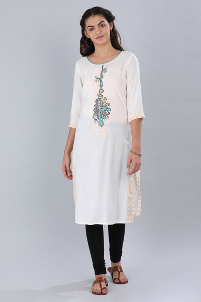 White Round Neck Solid kurta
