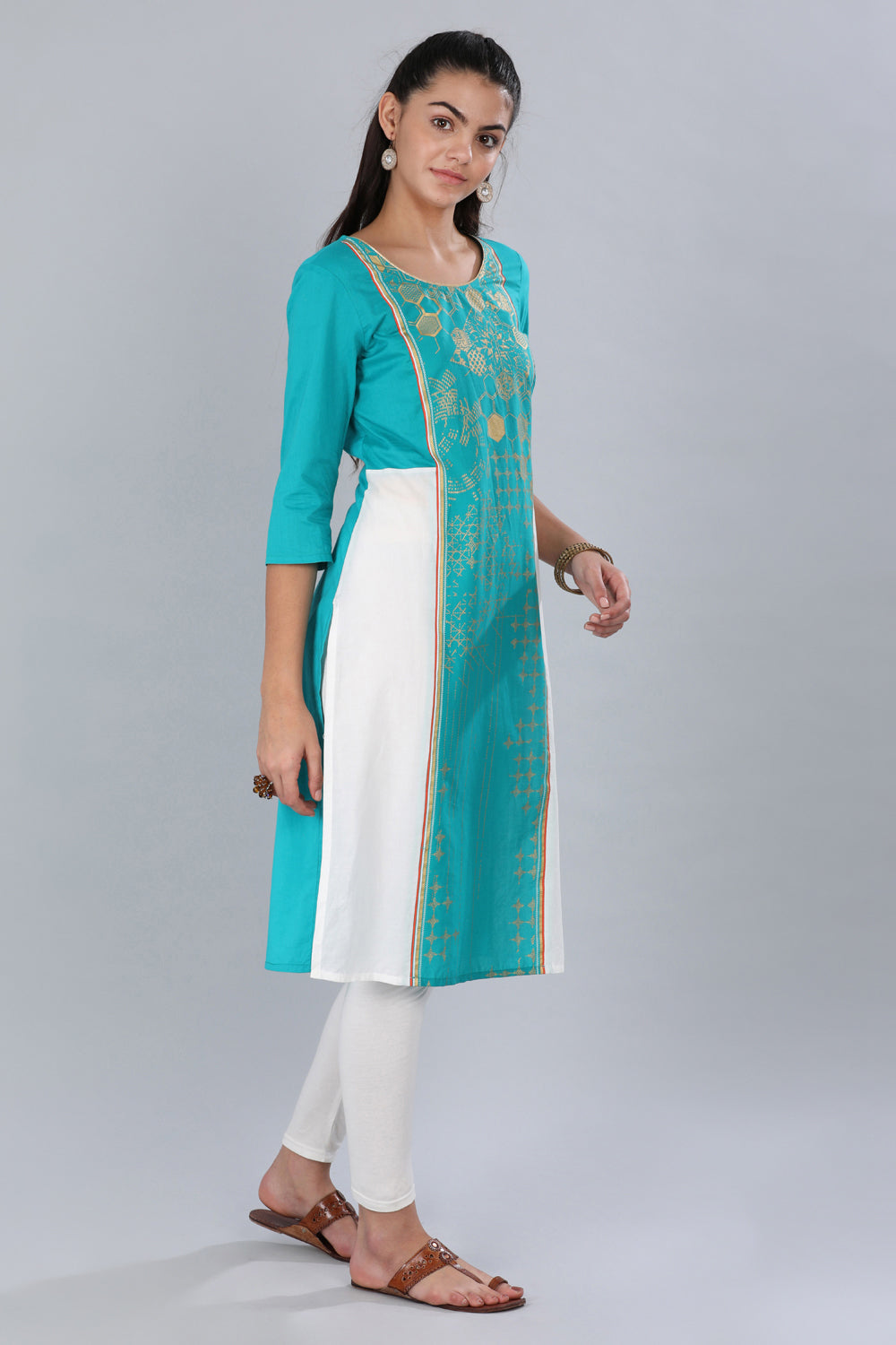 Green Round Neck Printed kurta