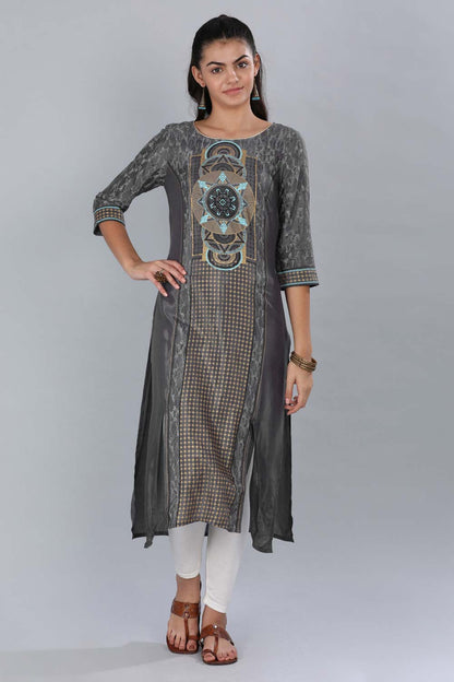 Grey Round Neck Printed kurta