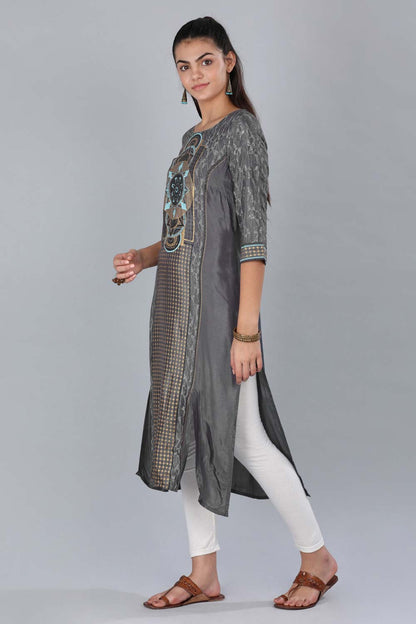 Grey Round Neck Printed kurta