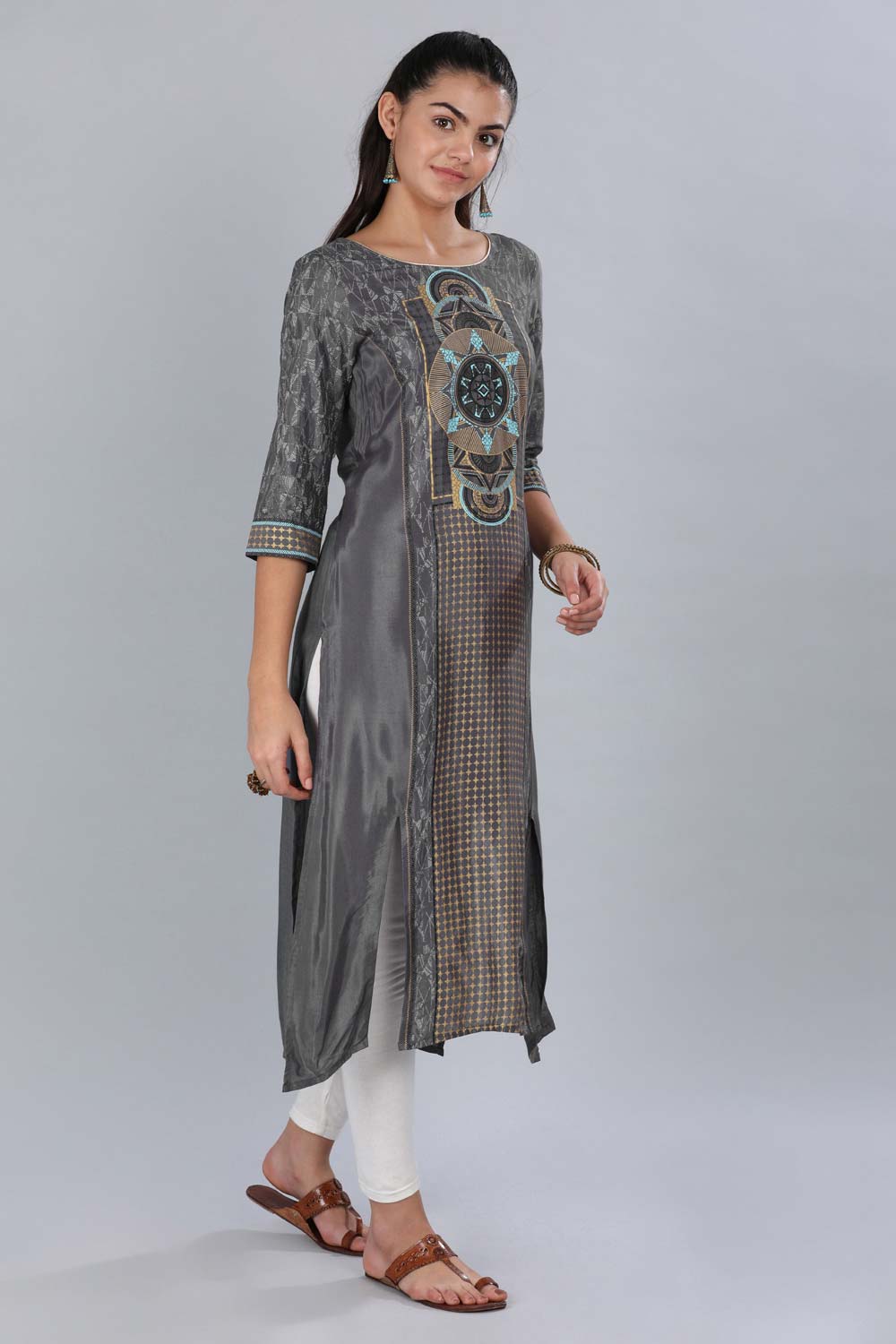 Grey Round Neck Printed kurta