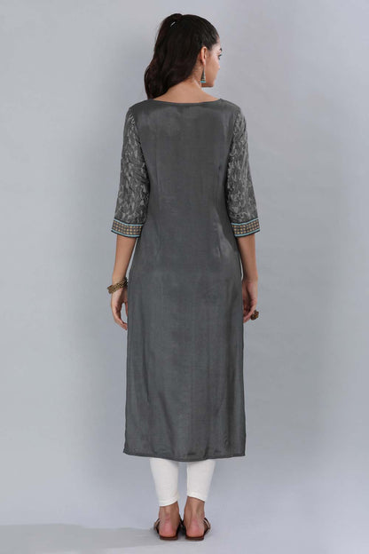 Grey Round Neck Printed kurta