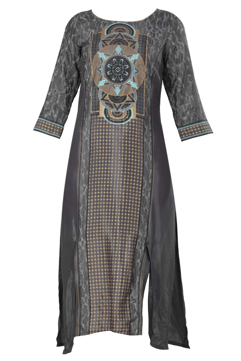 Grey Round Neck Printed kurta