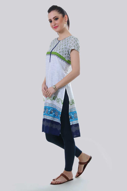 White &amp; Blue Round Neck Printed kurta