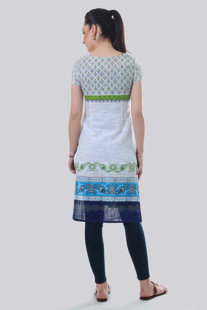 White &amp; Blue Round Neck Printed kurta