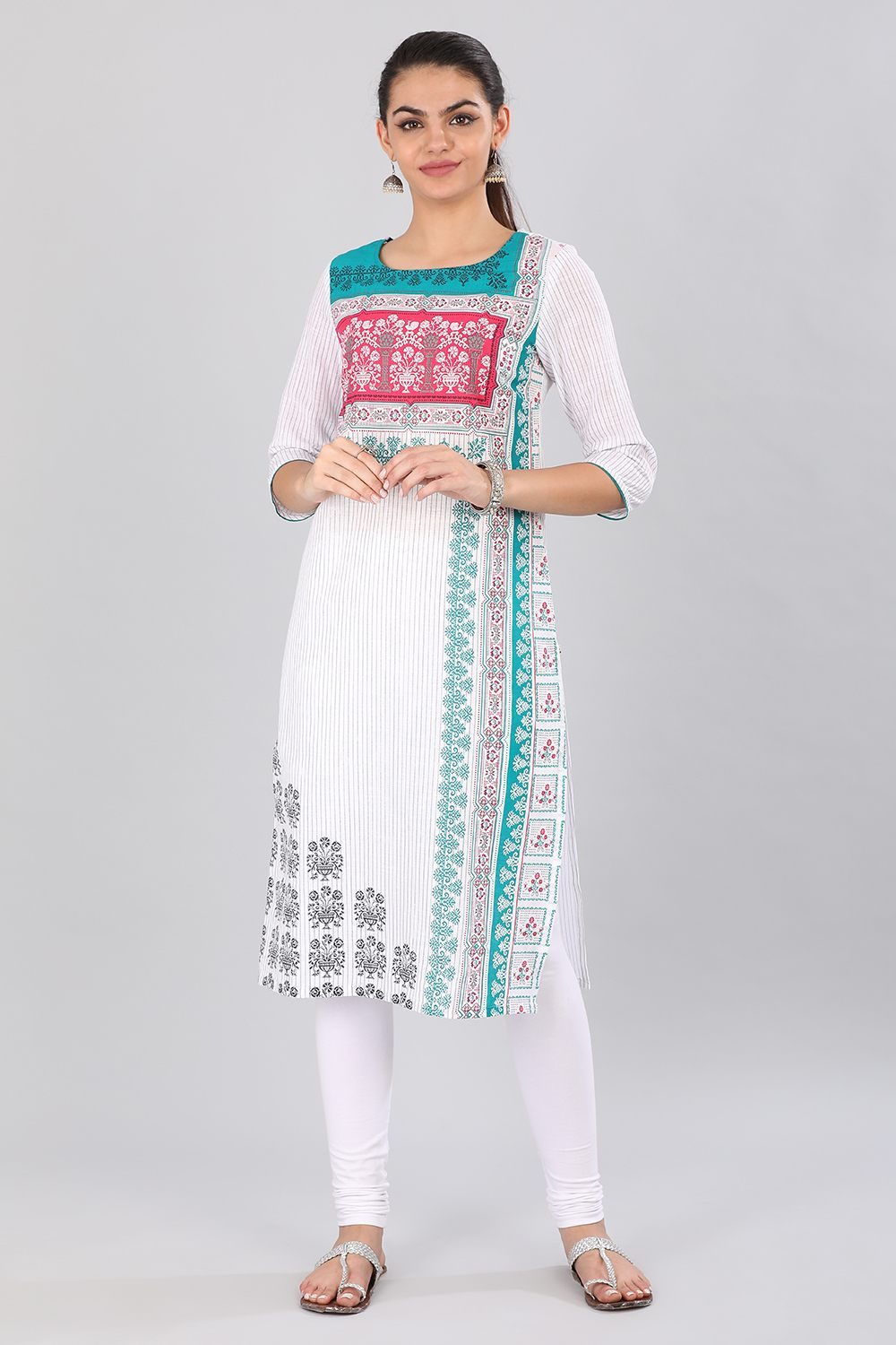 Green &amp; White Round Neck Printed kurta
