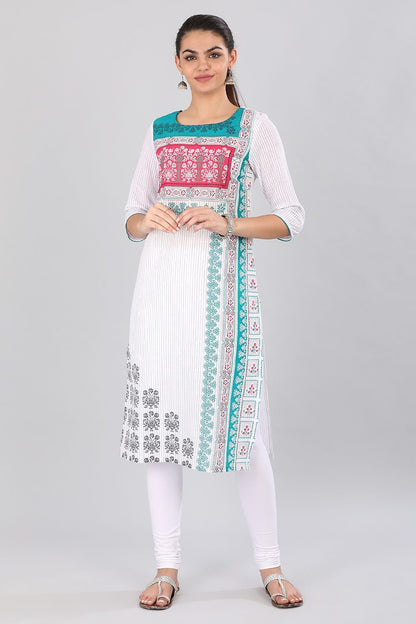 Green &amp; White Round Neck Printed kurta