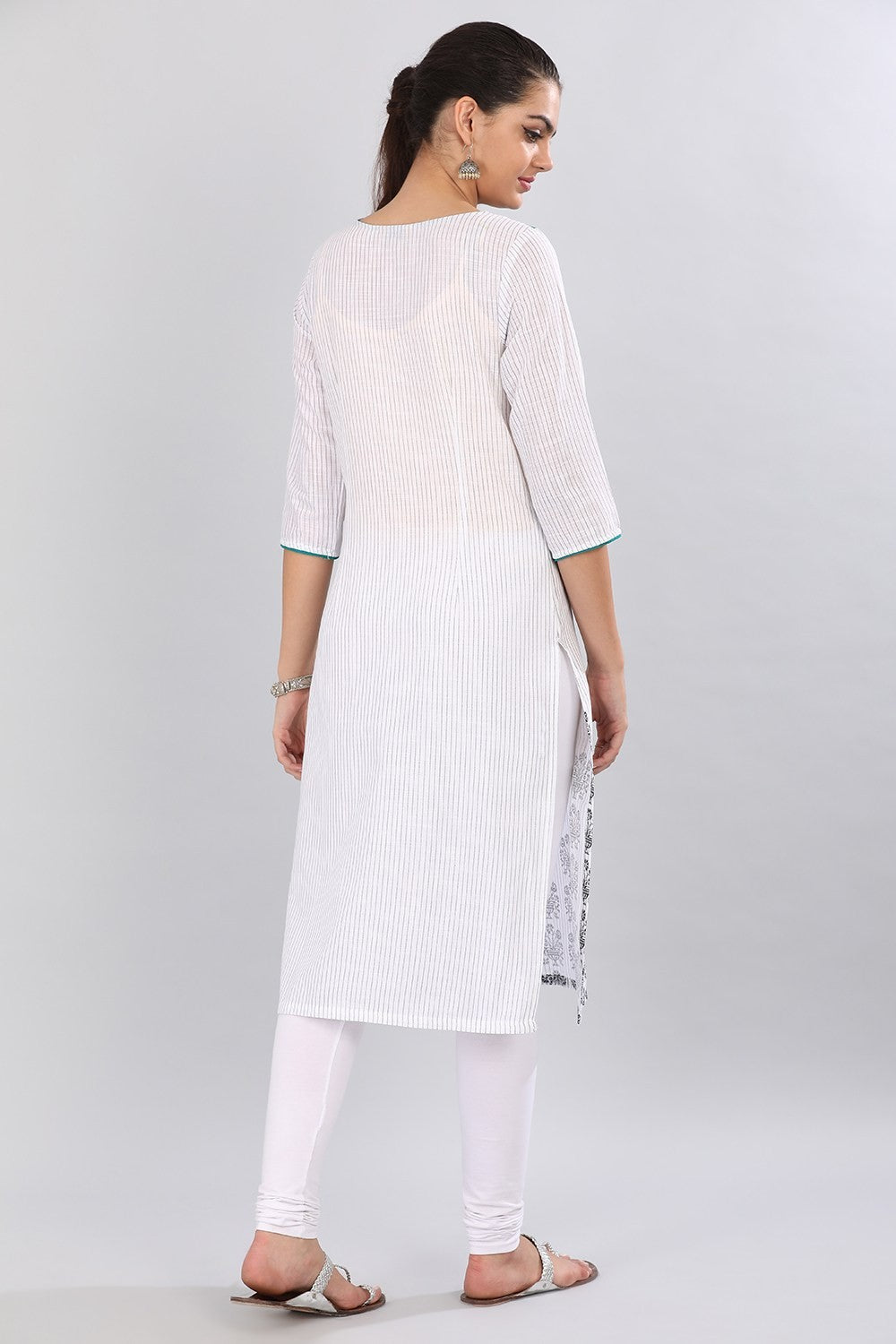 Green &amp; White Round Neck Printed kurta