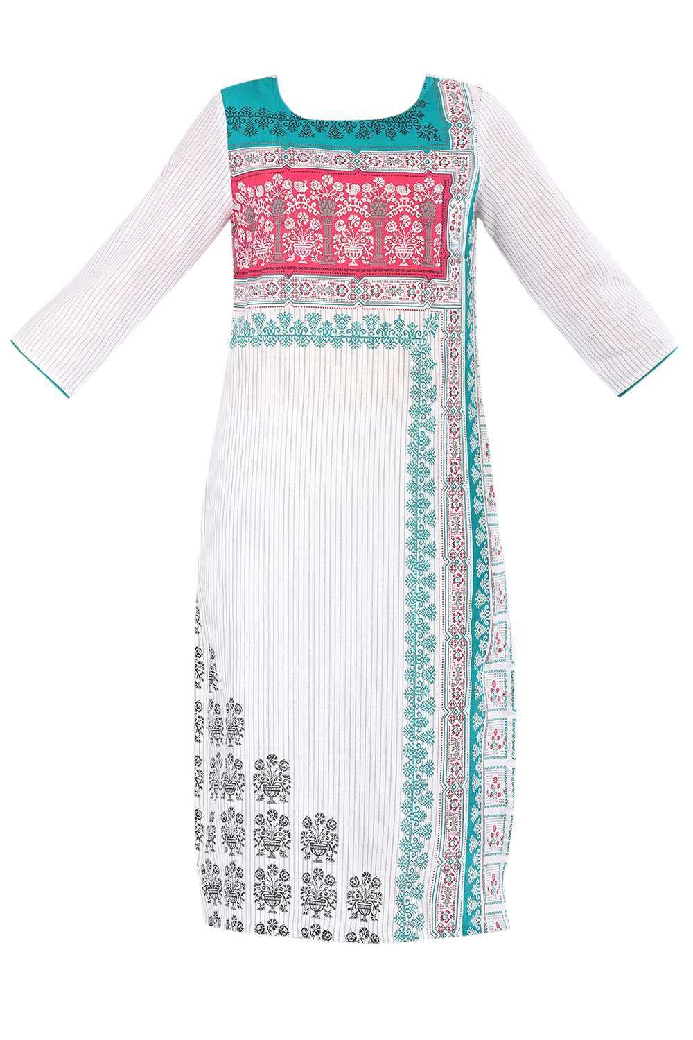 Green &amp; White Round Neck Printed kurta