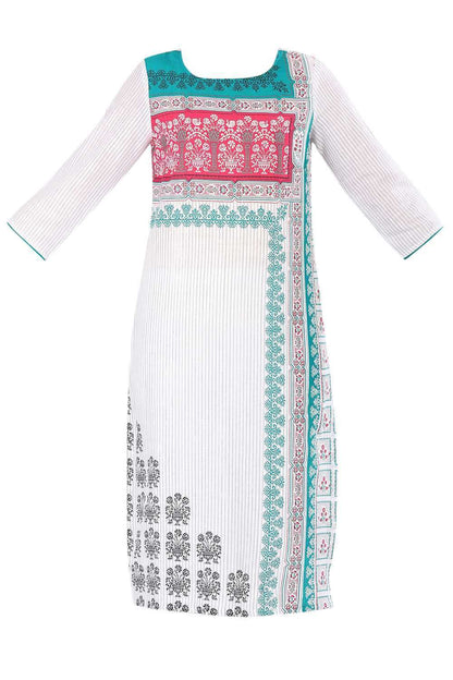 Green &amp; White Round Neck Printed kurta