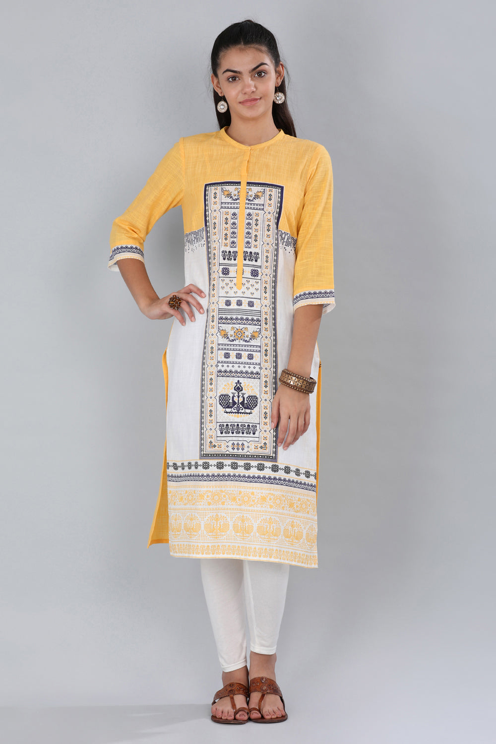 Yellow Mandarin Neck Printed kurta