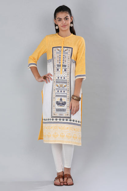 Yellow Mandarin Neck Printed kurta
