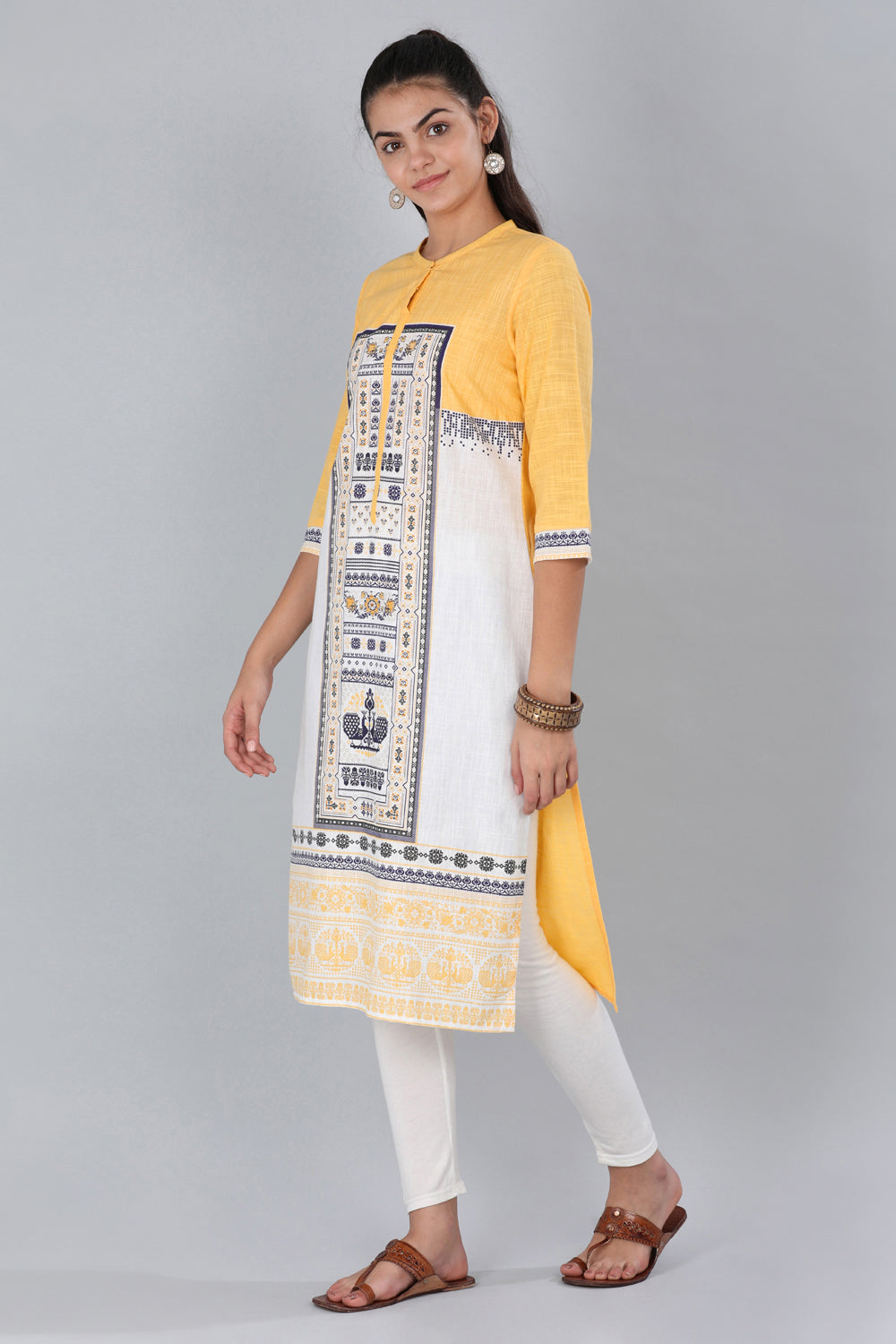 Yellow Mandarin Neck Printed kurta