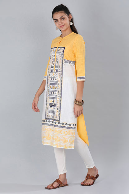 Yellow Mandarin Neck Printed kurta