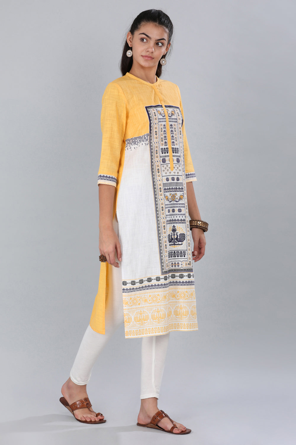 Yellow Mandarin Neck Printed kurta