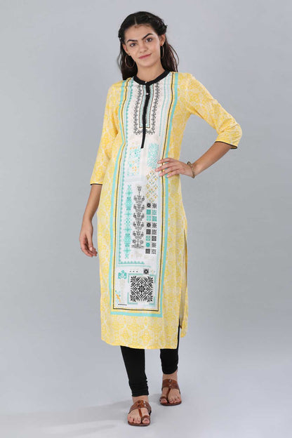 Yellow Mandarin Neck Printed kurta