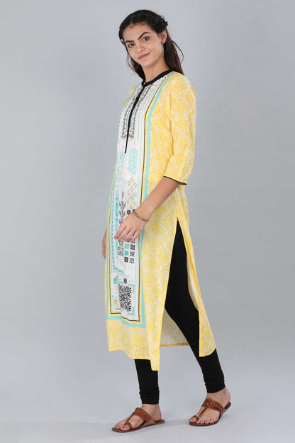 Yellow Mandarin Neck Printed kurta