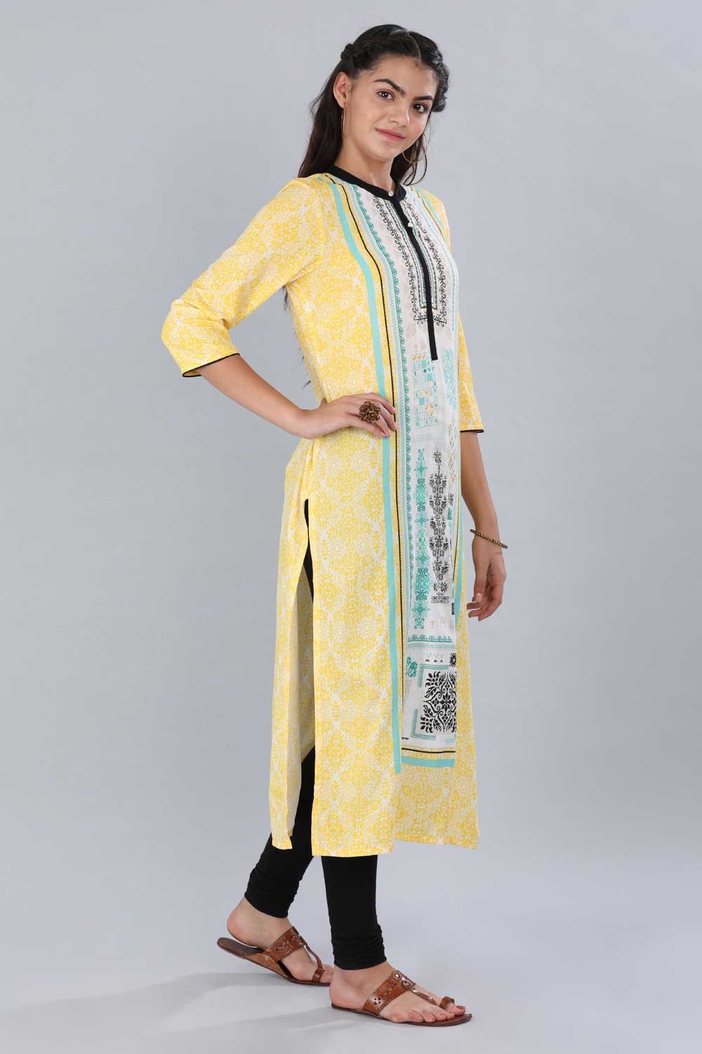 Yellow Mandarin Neck Printed kurta