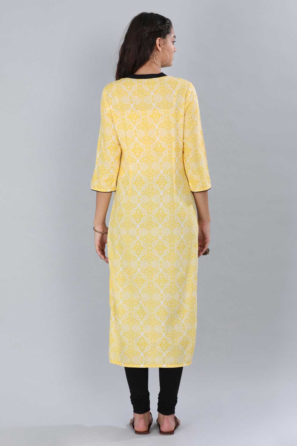 Yellow Mandarin Neck Printed kurta