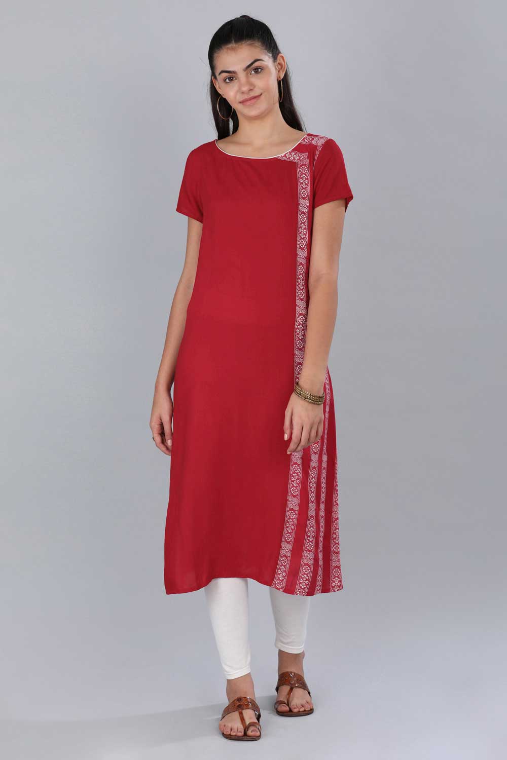 Red Round Neck Printed kurta