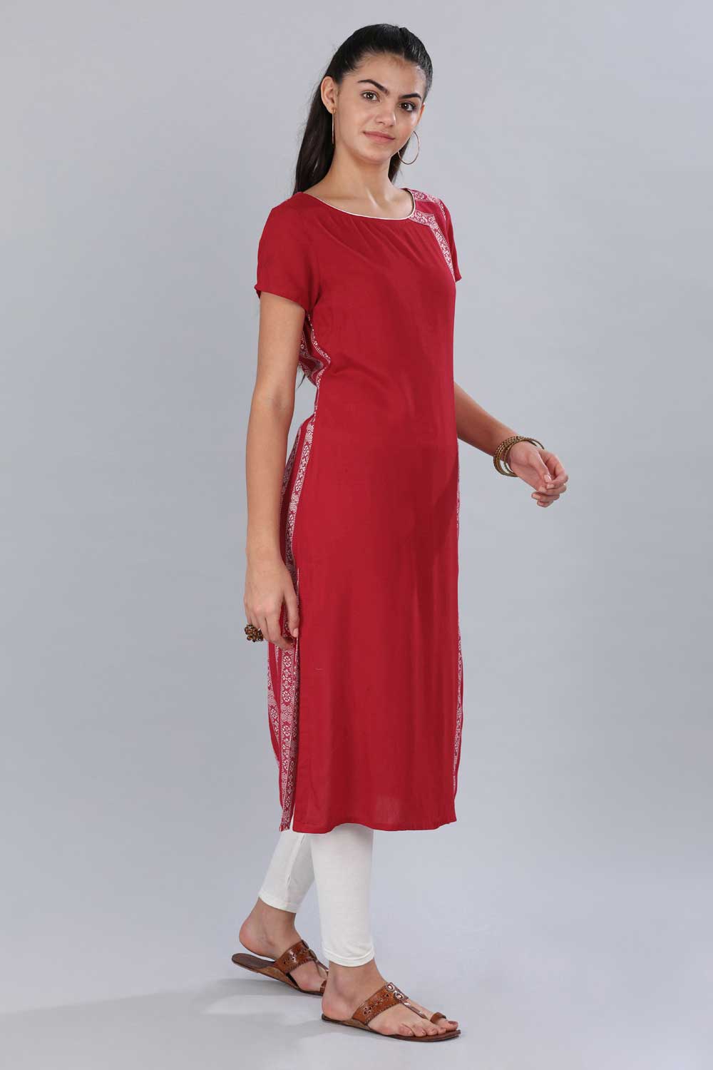 Red Round Neck Printed kurta