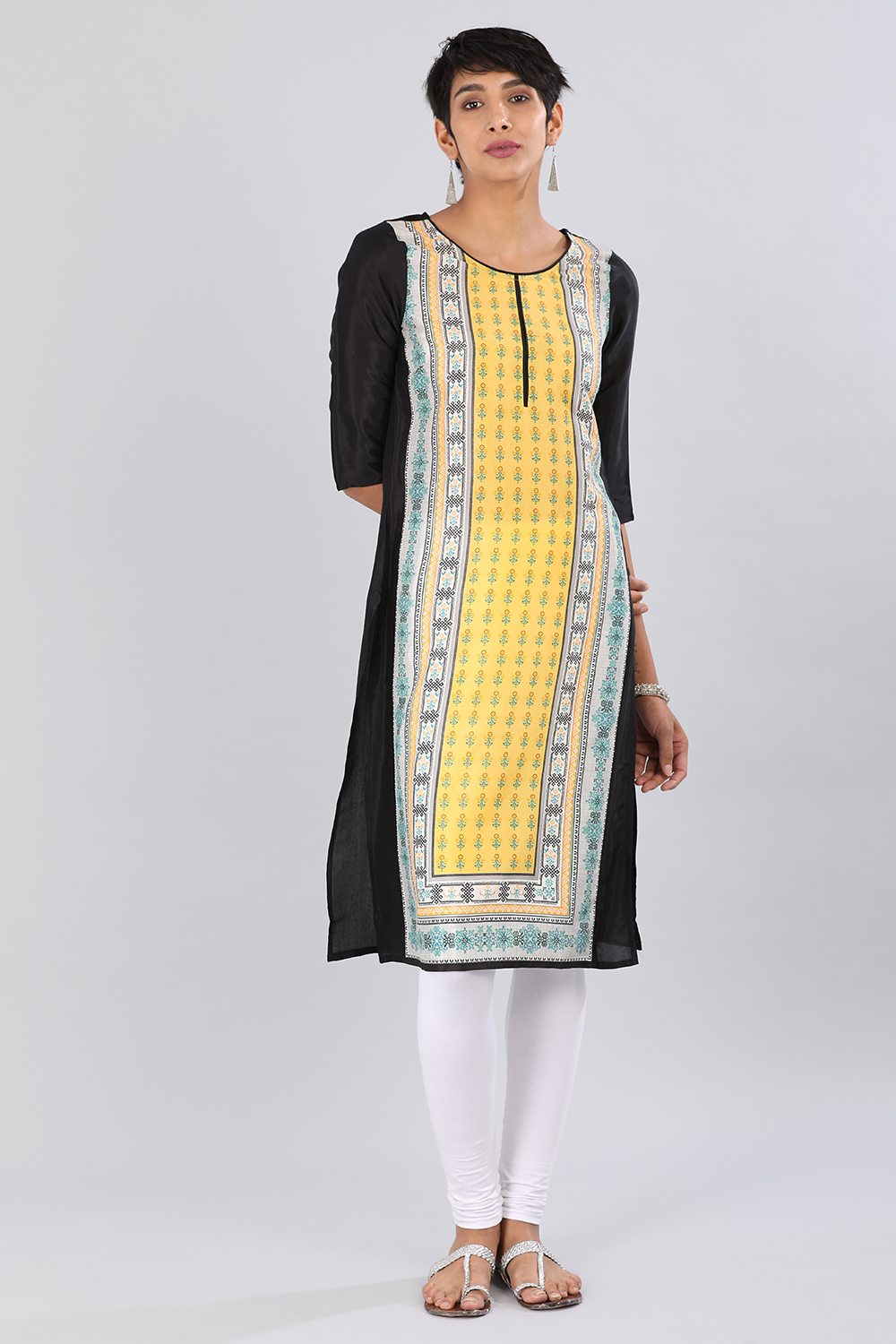 Yellow Round Neck Printed kurta