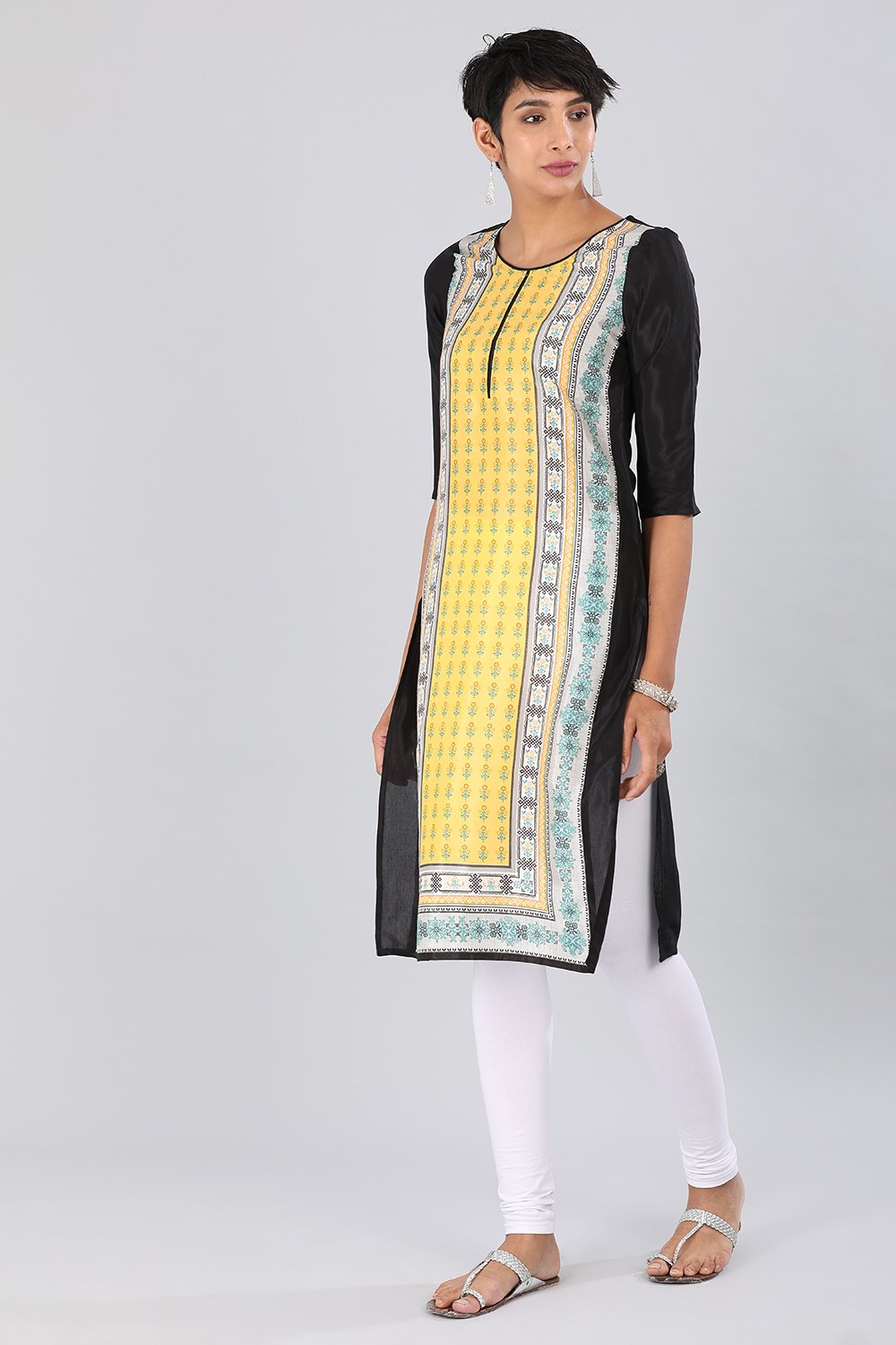 Yellow Round Neck Printed kurta