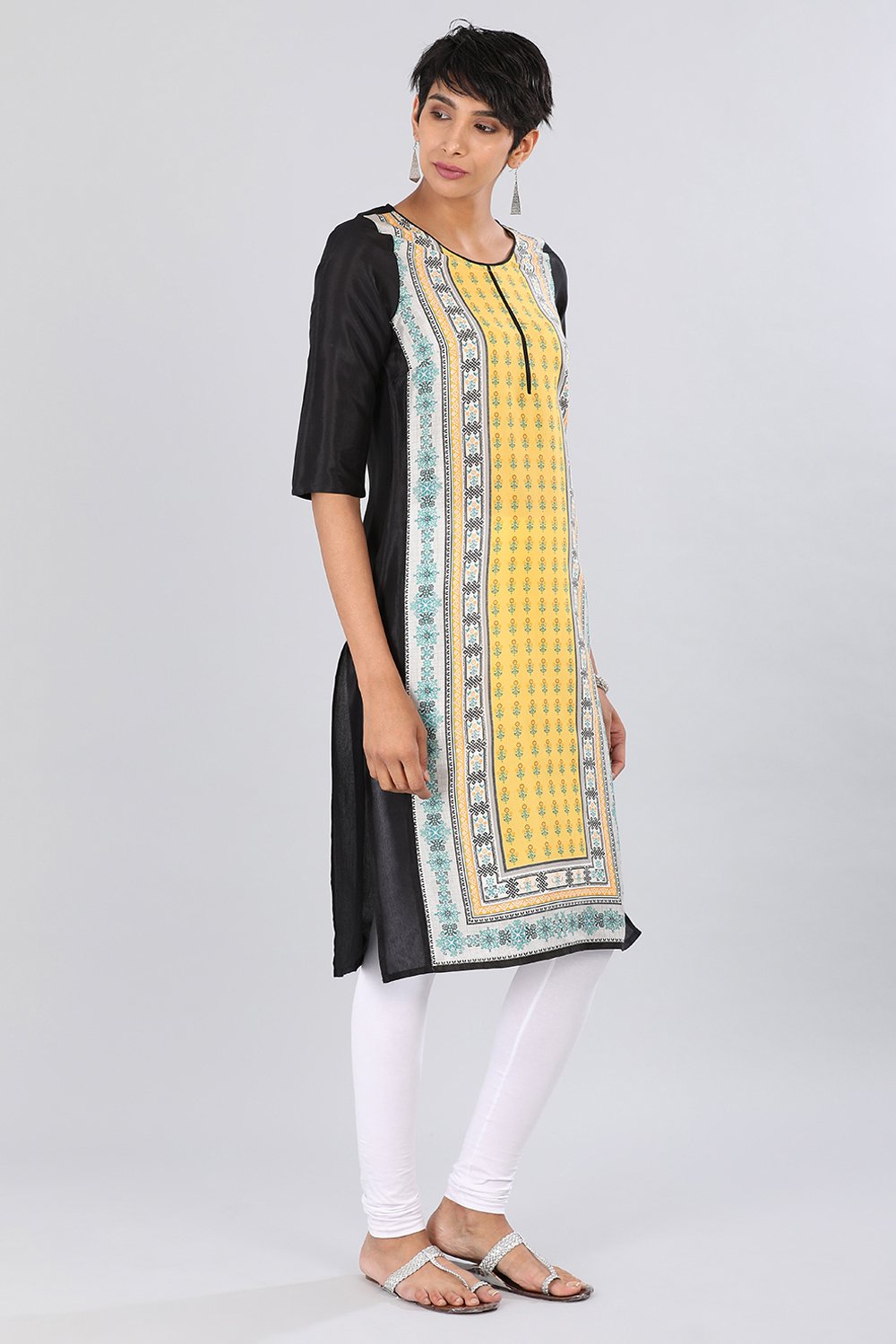 Yellow Round Neck Printed kurta