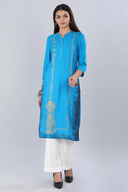 Blue Mandarin Neck Printed kurta