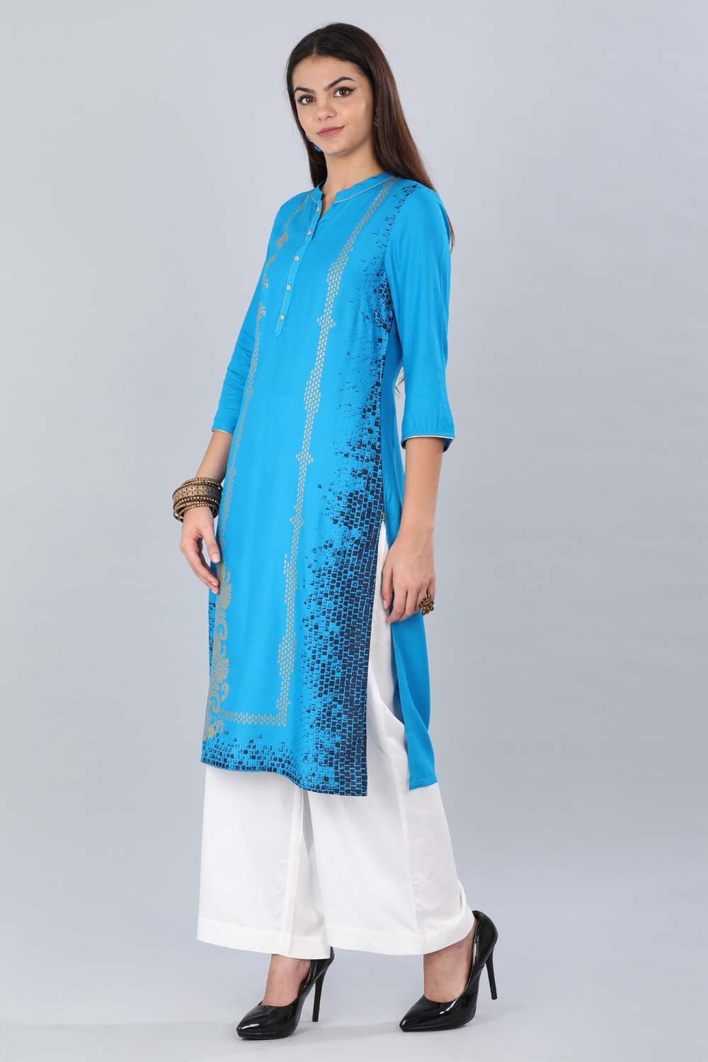 Blue Mandarin Neck Printed kurta