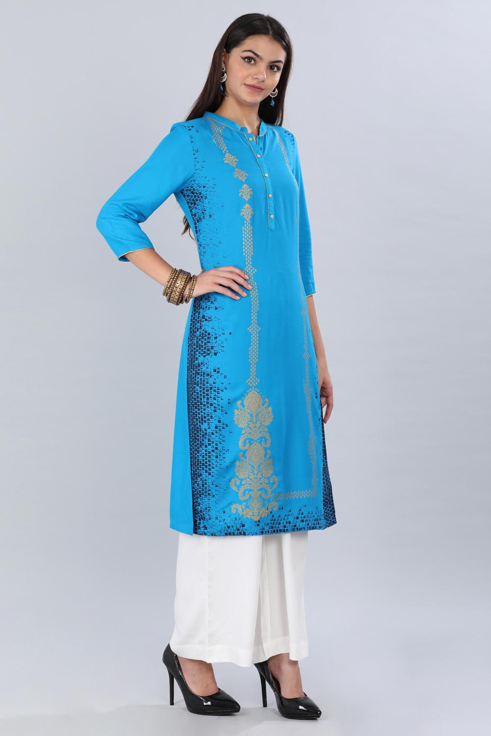 Blue Mandarin Neck Printed kurta