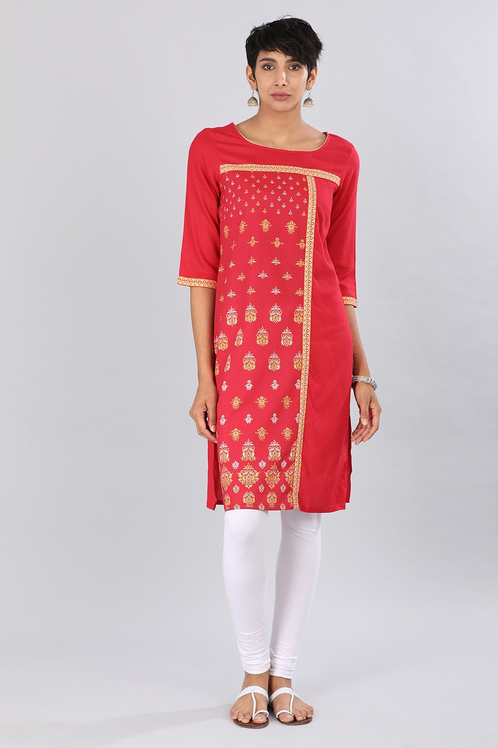 Red Round Neck Printed kurta