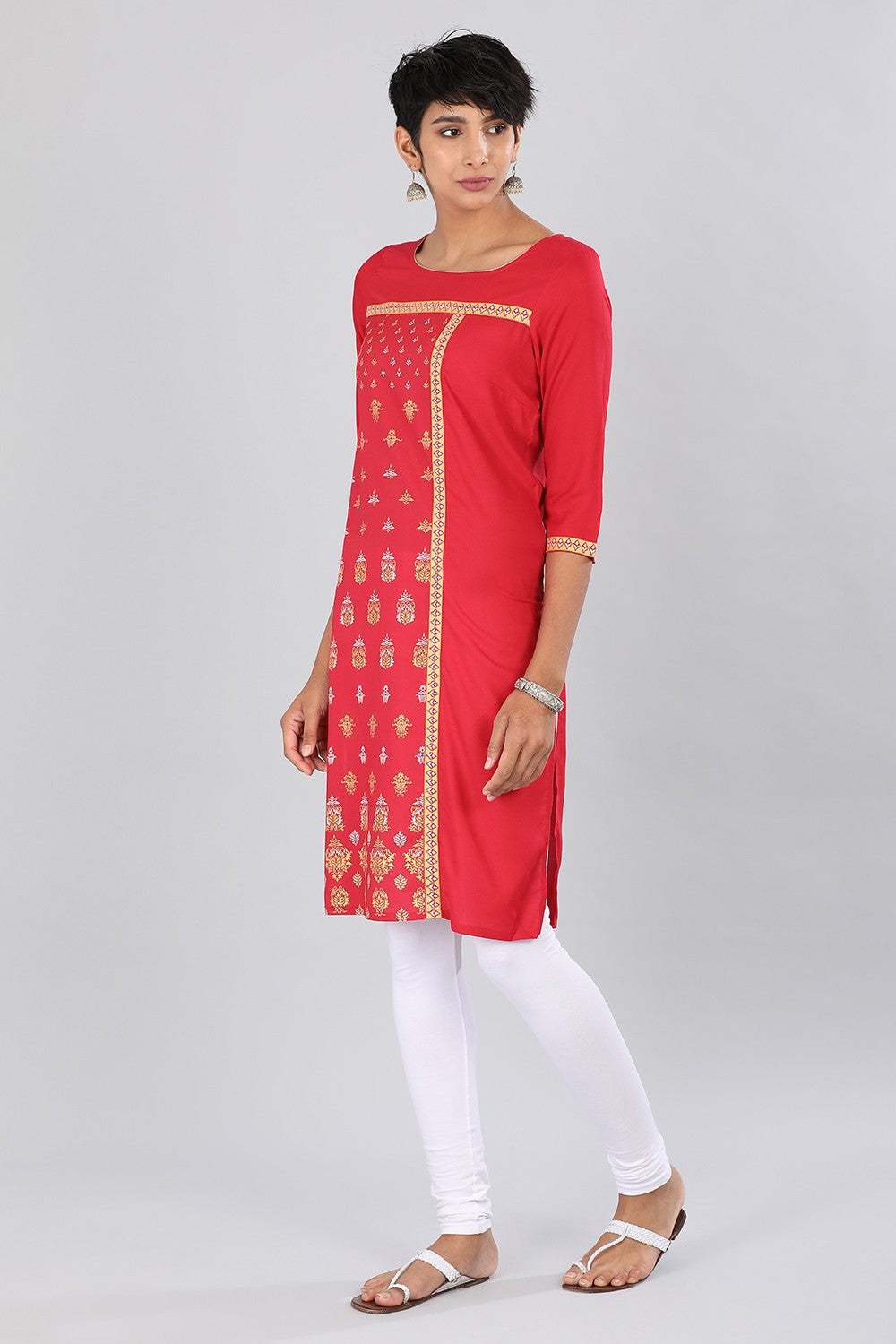 Red Round Neck Printed kurta