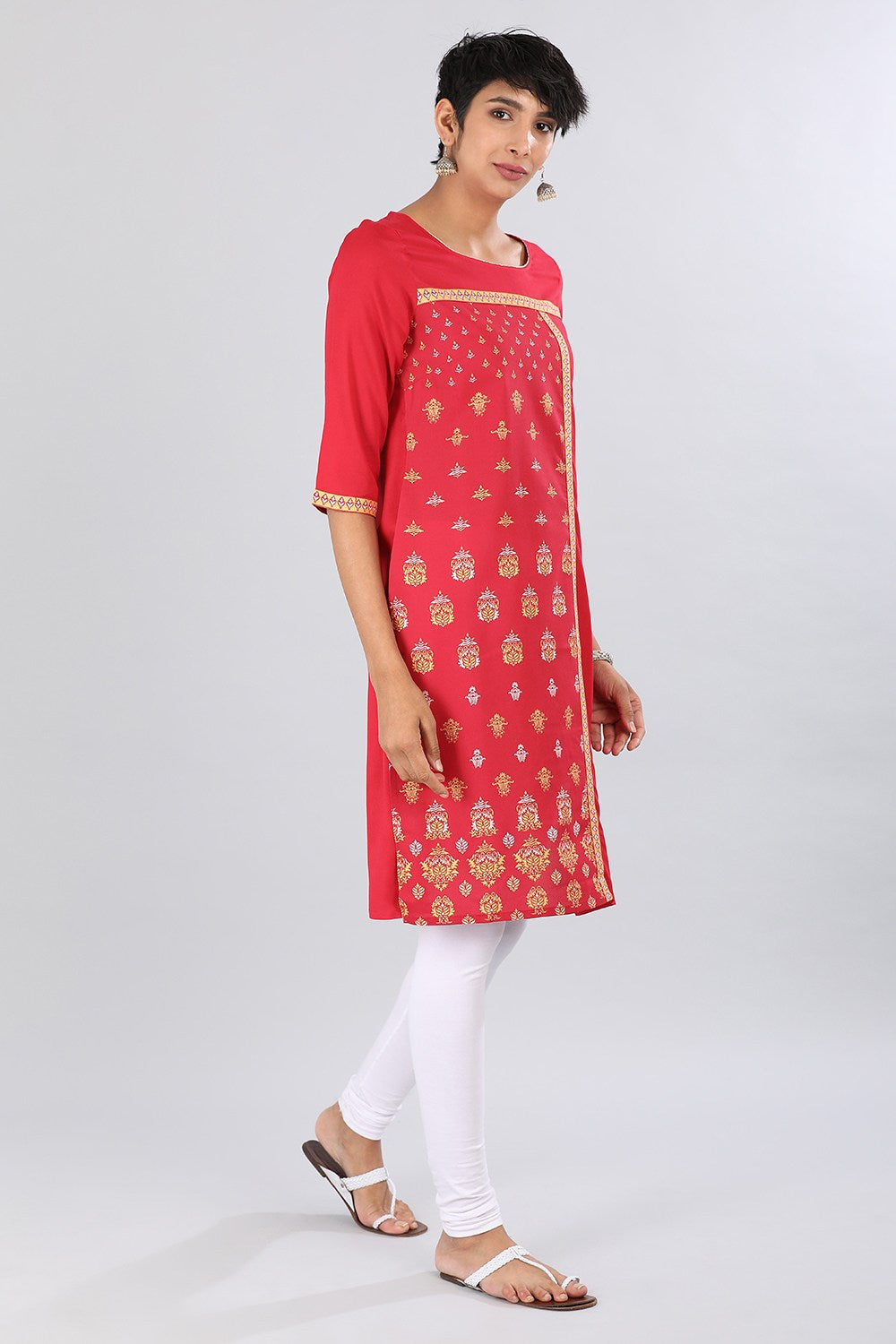 Red Round Neck Printed kurta