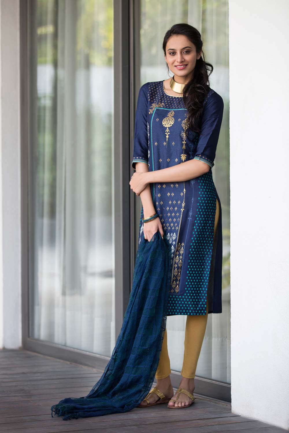 Blue Round Neck Printed kurta