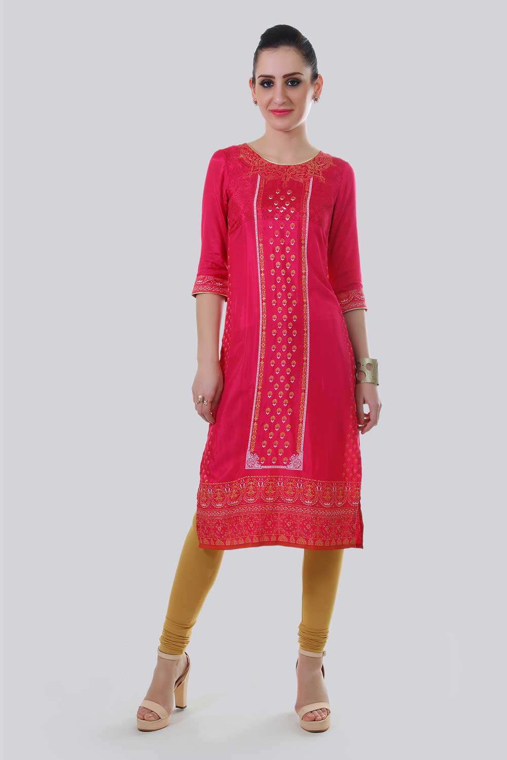 Pink Round Neck Printed kurta