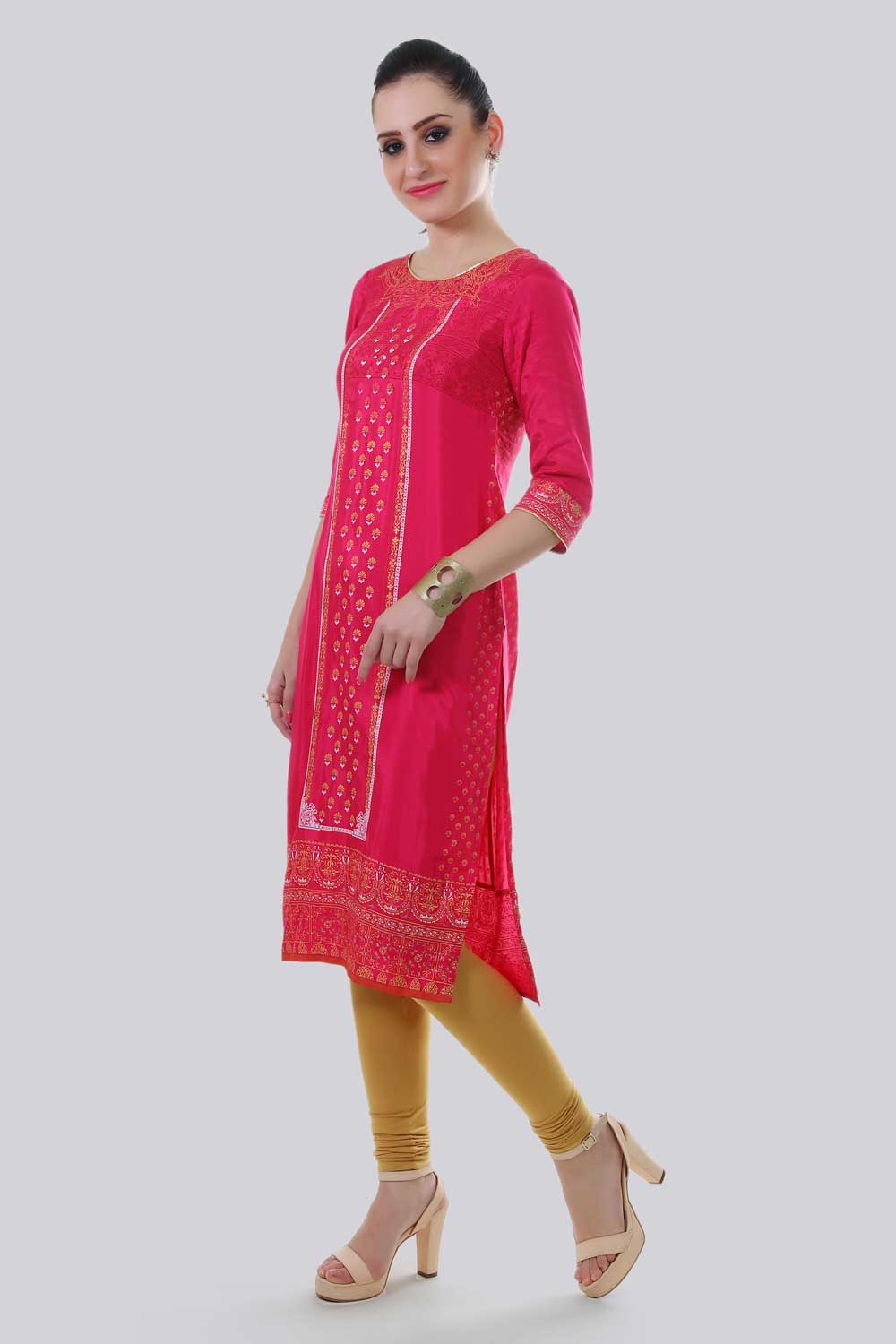 Pink Round Neck Printed kurta