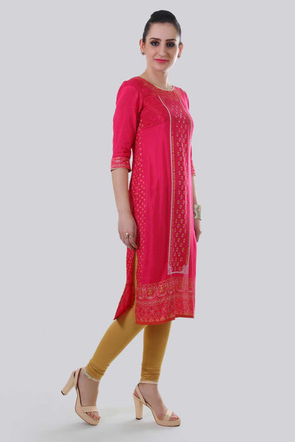 Pink Round Neck Printed kurta