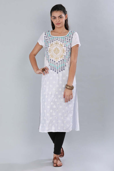White Round Neck Printed kurta