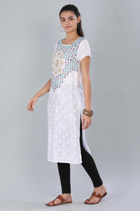 White Round Neck Printed kurta