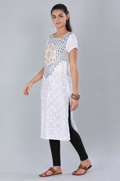 White Round Neck Printed kurta