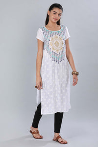 White Round Neck Printed kurta