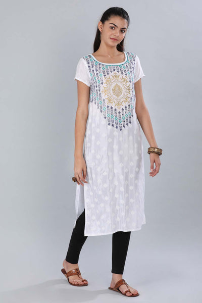 White Round Neck Printed kurta