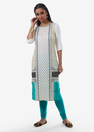 White Printed Round Neck kurta