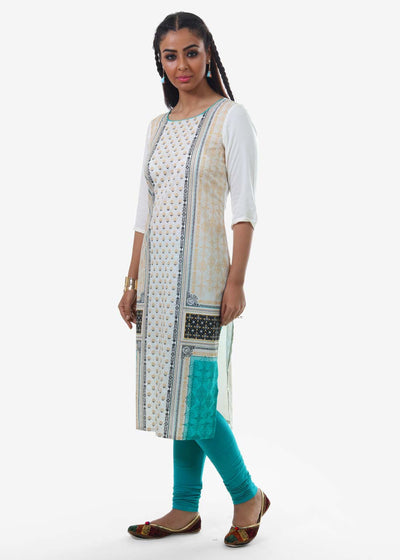 White Printed Round Neck kurta