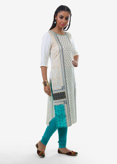 White Printed Round Neck kurta