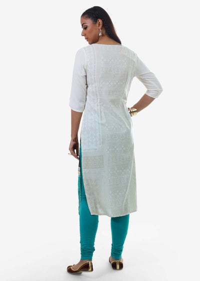 White Printed Round Neck kurta