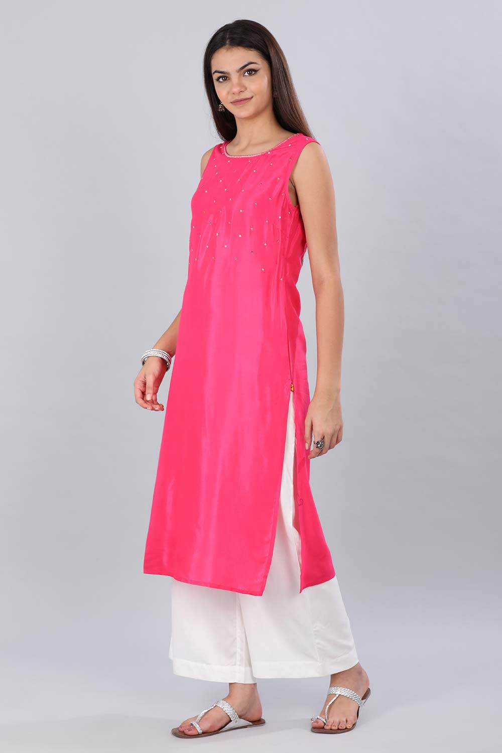 Pink Round Neck Glittery kurta