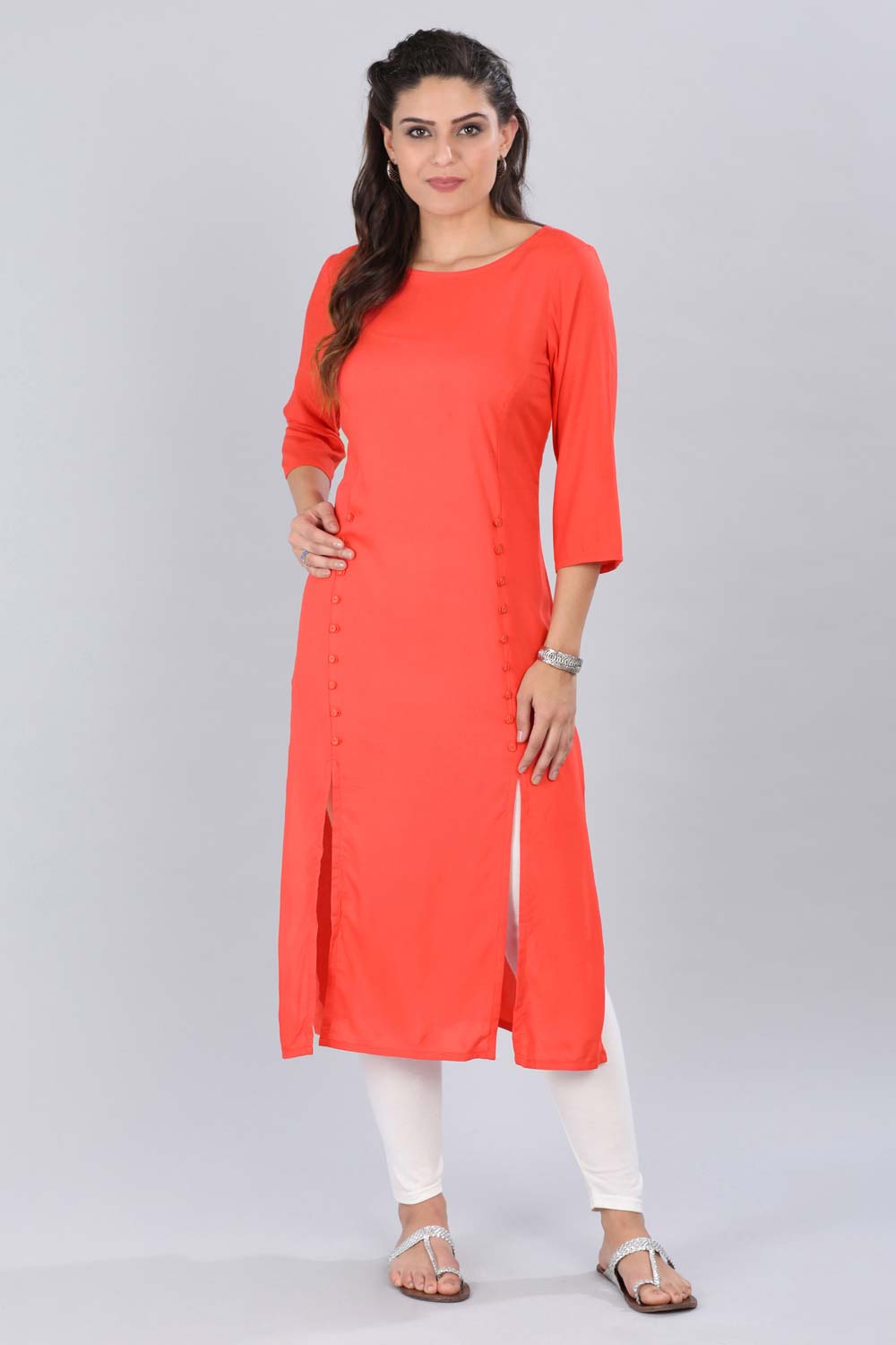 Red Round Neck Front Slit kurta